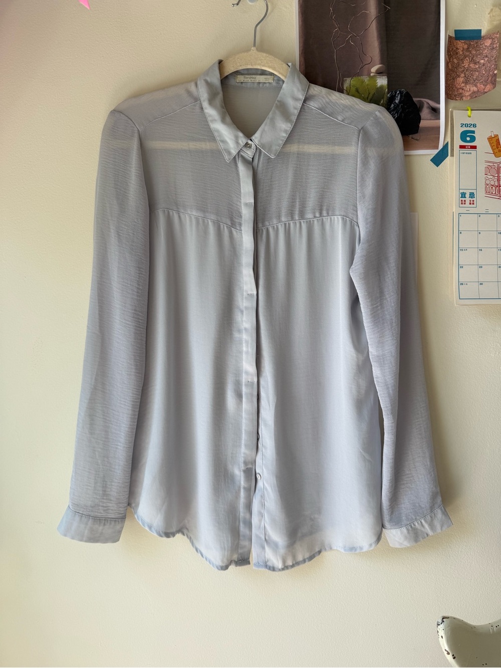 Bershka Light Blue Gray Semi-sheet Long-Sleeve Button-Down Blouse